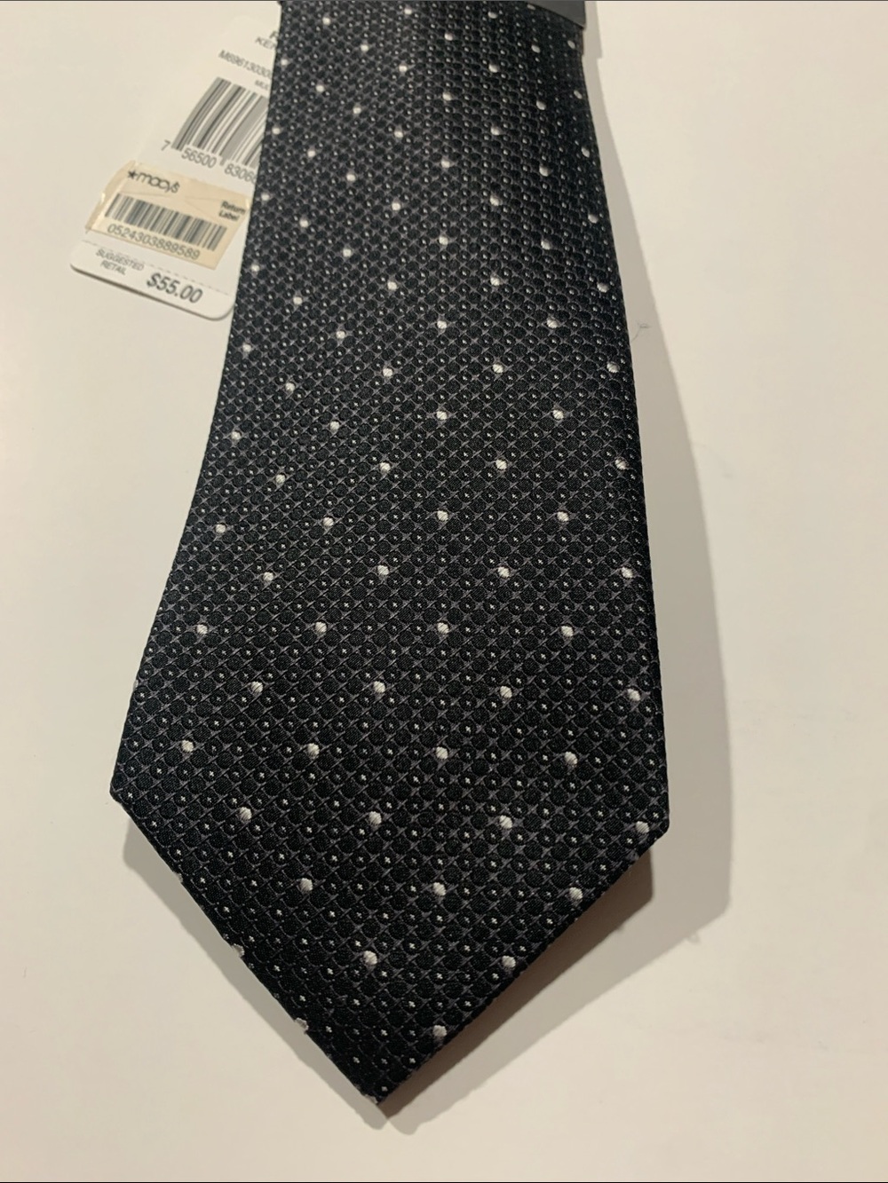 Kenneth Cole Silk  Black Tie with White Dot Grid Pattern